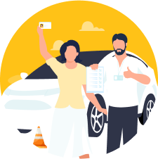 Illustration of a woman with a driver's license and a man giving a thumbs-up beside a car with a traffic cone, set against a yellow cloud background, representing a Drivers Ed Course.