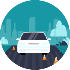 A white car on a road with traffic cones, symbolizing a Driving Test in an urban setting.