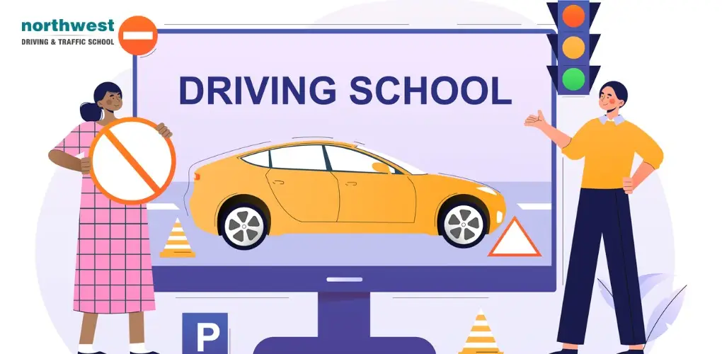 Illustration of a driving school with tips on driving technique, featuring a car, traffic signals, and road signs.