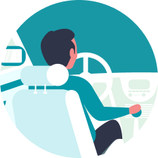 Illustration of a person driving a car, shown from behind, with one hand on the steering wheel and looking forward.