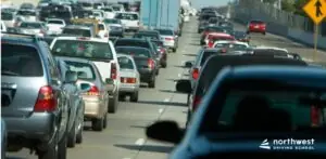 Traffic jam on a highway, illustrating challenges for a Driver’s Test in Nevada.