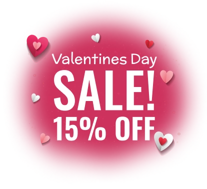 Valentines Day sale graphic featuring SALE! 15% OFF on a pink background with heart decorations.