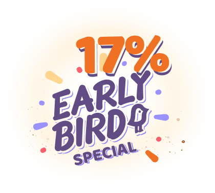 Colorful graphic promoting a 17% early bird special with playful text and decorative elements.