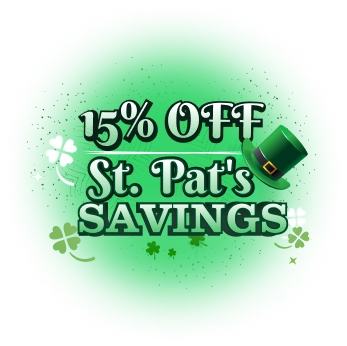 Green circular graphic featuring 15% OFF St. Pats SAVINGS with a leprechaun hat and shamrock decorations.