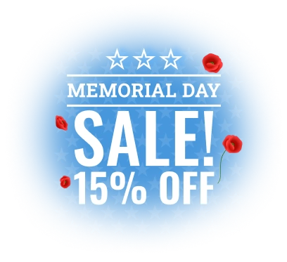Blue circular graphic announcing a Memorial Day sale with 15% OFF and decorative stars and poppies.