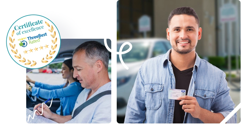 A man holds a drivers license, while another man drives. A Certificate of Excellence badge is featured.
