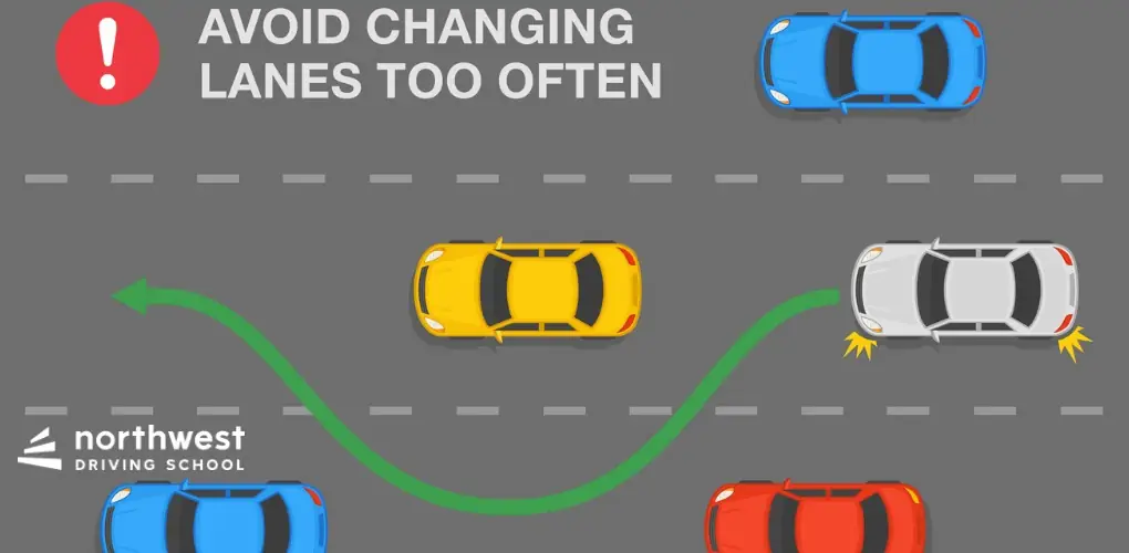 Graphic warning against frequent lane changes while driving, featuring colorful cars and a message from Northwest Driving.