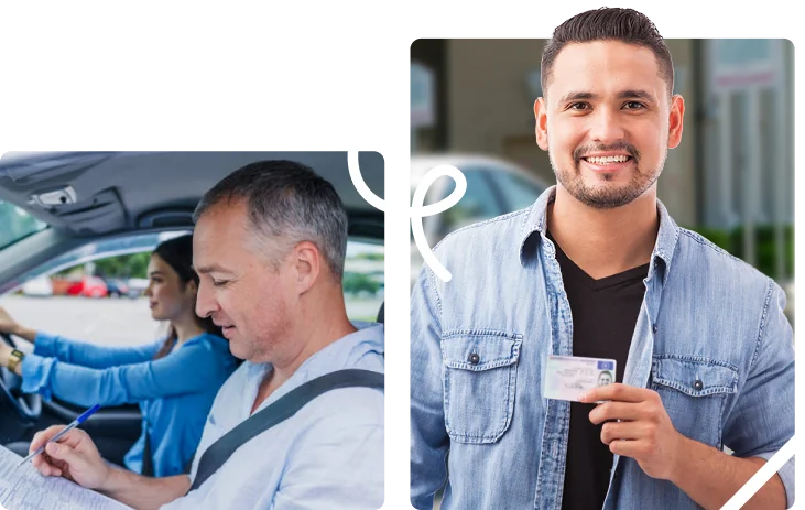 A man instructs a woman driving while another man smiles, holding up an ID card.