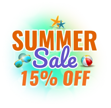 Bright graphic featuring SUMMER Sale and 15% OFF with beach-themed icons like sunglasses and a beach ball.