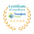 Certificate of Excellence from ThreeBestRated, featuring a gold laurel and five-star rating.