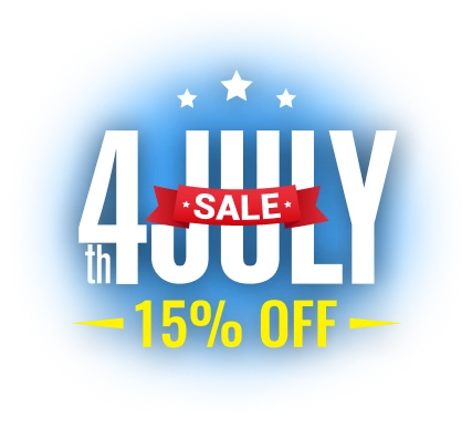 4th of July Sale: 15% off, featuring stars and a festive design on a blue background.