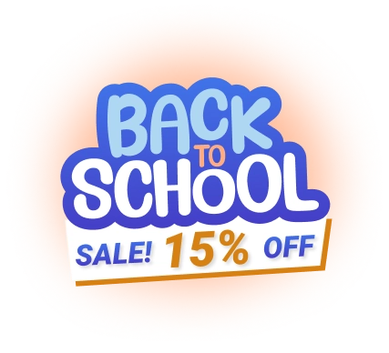 Colorful Back to School graphic with a Sale! 15% Off message on a peach background.