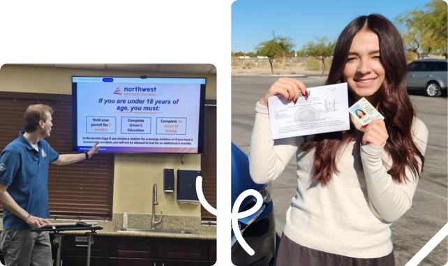 Driving instructor teaching a classroom lesson at Northwest Driving School and a student standing outside holding her driver’s license and test results after passing the driving test