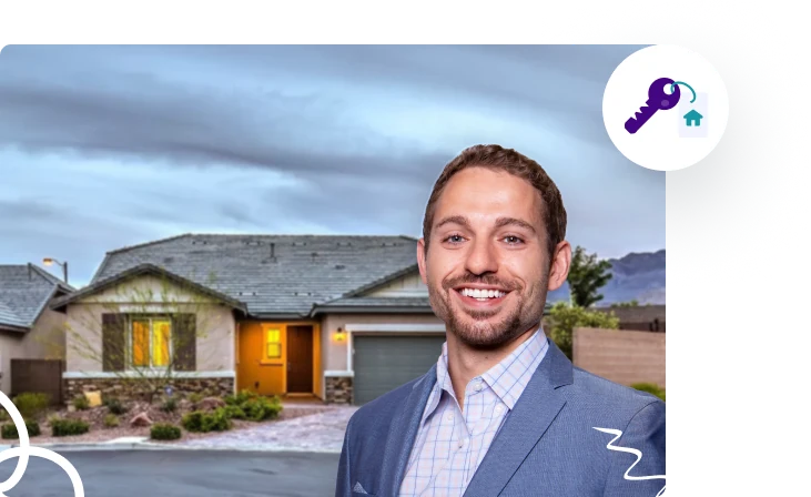 A smiling man in a suit stands in front of a modern house under a cloudy sky, with a key icon in the corner.