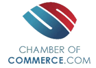 Logo of the Chamber of Commerce featuring a stylized globe in red and blue with the text below.