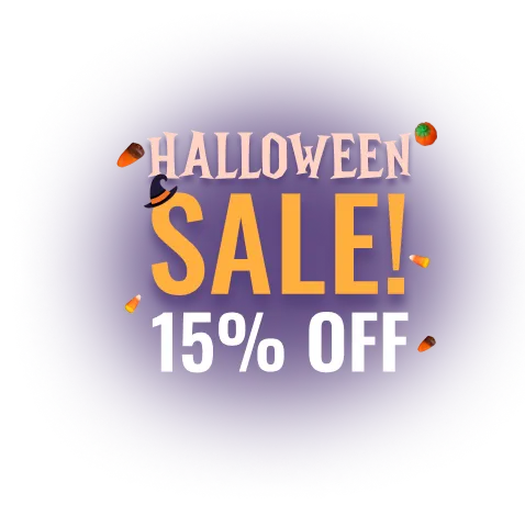 Halloween sale graphic featuring 15% OFF on a purple background with festive icons.