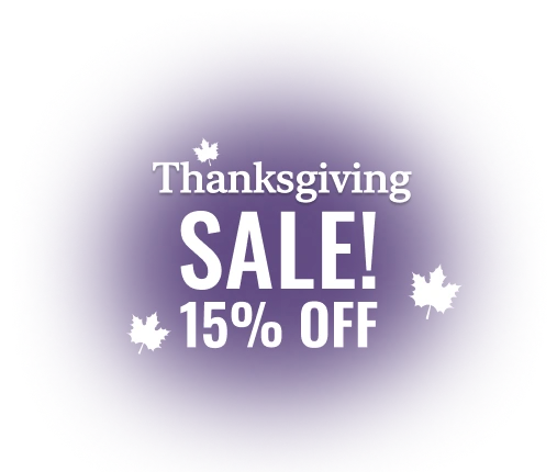 Purple circular graphic announcing a Thanksgiving sale with 15% OFF in bold text.
