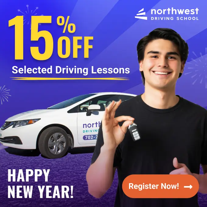 A smiling young man holds car keys, promoting 15% off driving lessons for Northwest Driving School. Happy New Year!