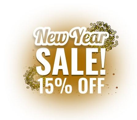New Year Sale! Enjoy 15% off with festive design elements on a golden background.