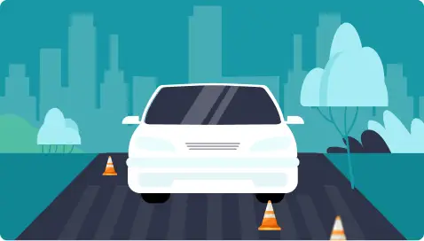 A stylized illustration of a car on a road with traffic cones and a city skyline in the background.