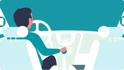 Illustration of a person driving a car, viewed from the backseat, focusing on the dashboard and steering wheel.