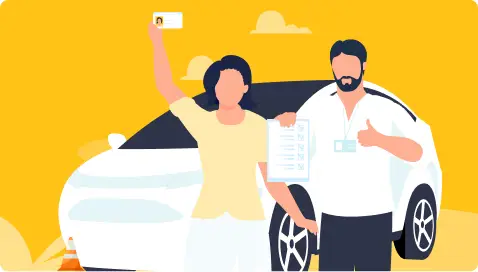 A woman holds up an ID, while a man gives a thumbs up next to a white car, with a yellow background.
