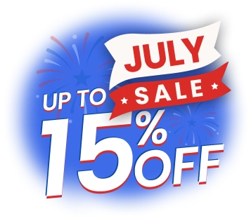 July Sale: Up to 15% off, featuring festive fireworks in the background.
