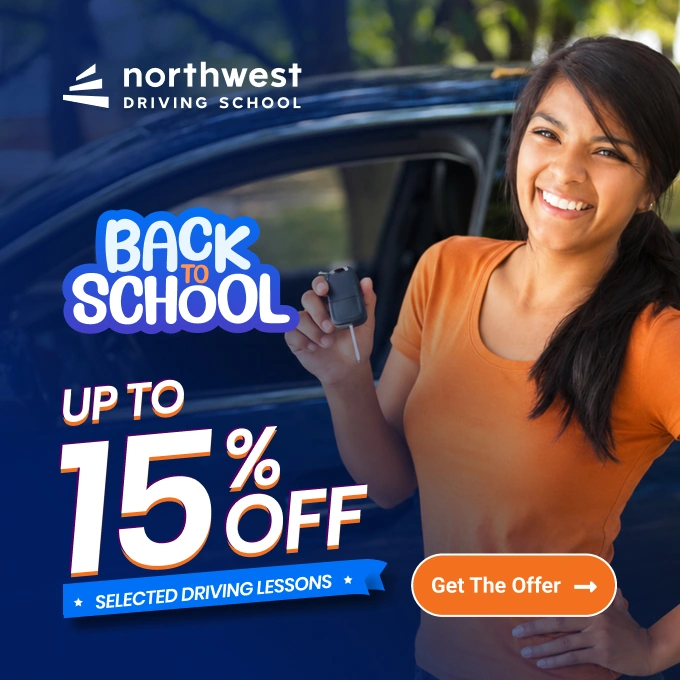 Smiling woman holding car keys next to a vehicle, promoting driving lessons with discounts for back-to-school.