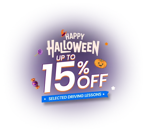 Halloween promotion: Up to 15% off selected driving lessons on a purple background with festive icons.